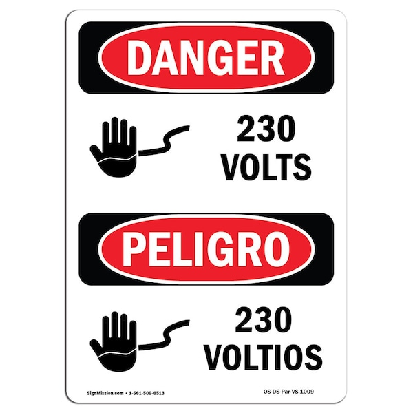 Safety Sign, OSHA Danger, 5" Height, 230 Volts, Bilingual Spanish, 10PK